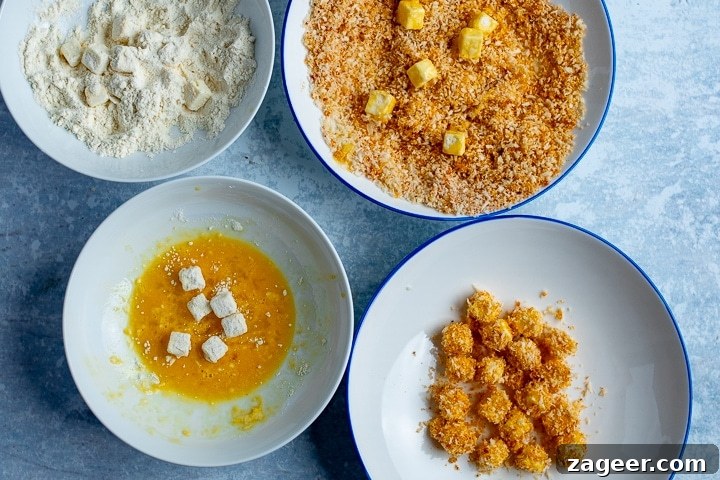Ratatouille with Baked Feta Croutons: Simple Rustic Vegetable Bake 7 Cubes of feta being floured, dipped in egg and breadcrumbs