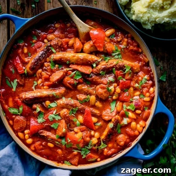 Creamy Pork and Apple Casserole Recipe with Herbed Crust 10 Sausage and bean casserole in a blue pan