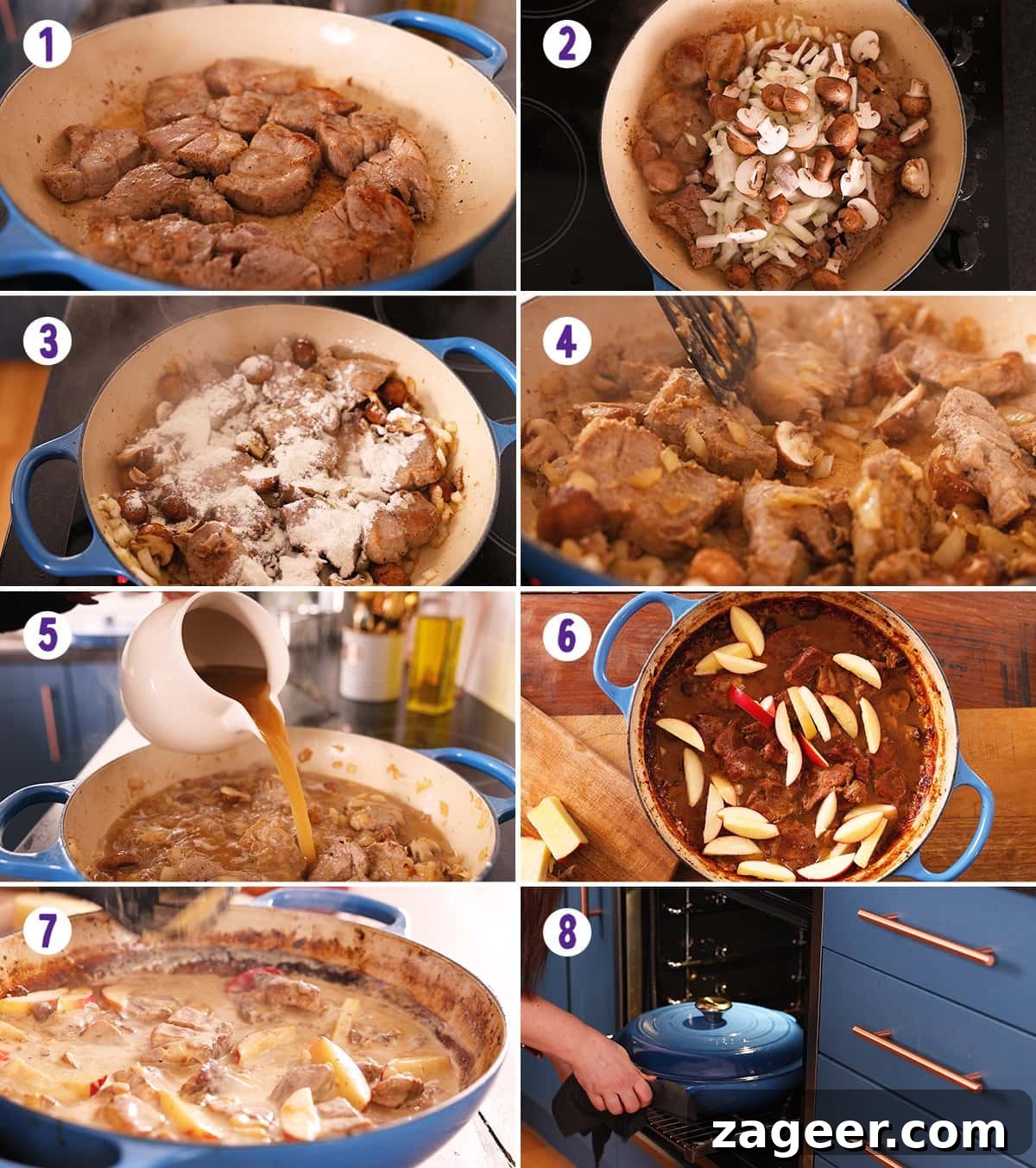 Creamy Pork and Apple Casserole Recipe with Herbed Crust 5 8 image collage showing how to make creamy pork and apple casserole