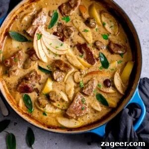 Creamy Pork and Apple Casserole Recipe with Herbed Crust 8 Overhead image of creamy pork and apple casserole in a blue casserole dish