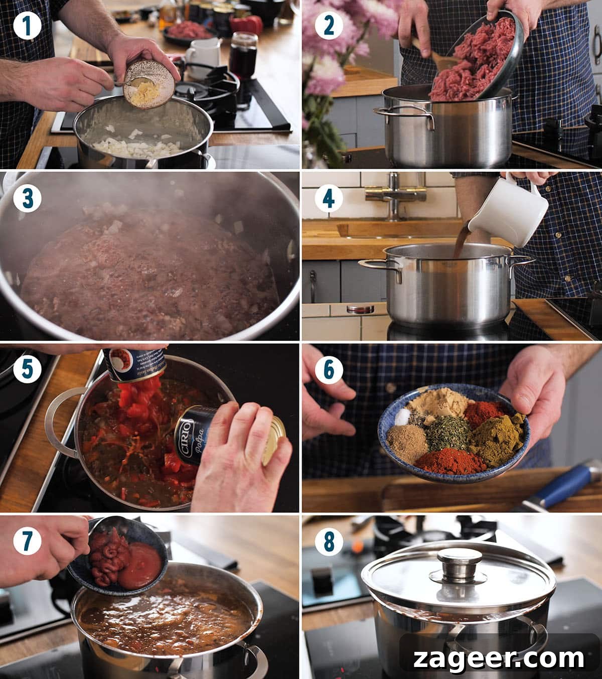 Authentic Chilli Con Carne Recipe with Smoky Beef and Beans 4 A collage of 8 images numbered 1 to 8 showing some of the key steps to making a chilli con carne.