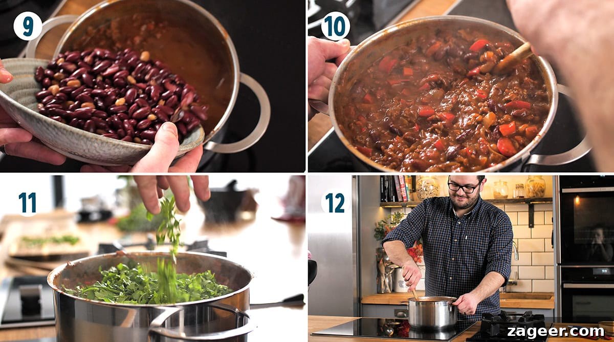 Authentic Chilli Con Carne Recipe with Smoky Beef and Beans 5 A collage of 4 images numbered 9 to 12 showing some of the key steps to making a chilli con carne.
