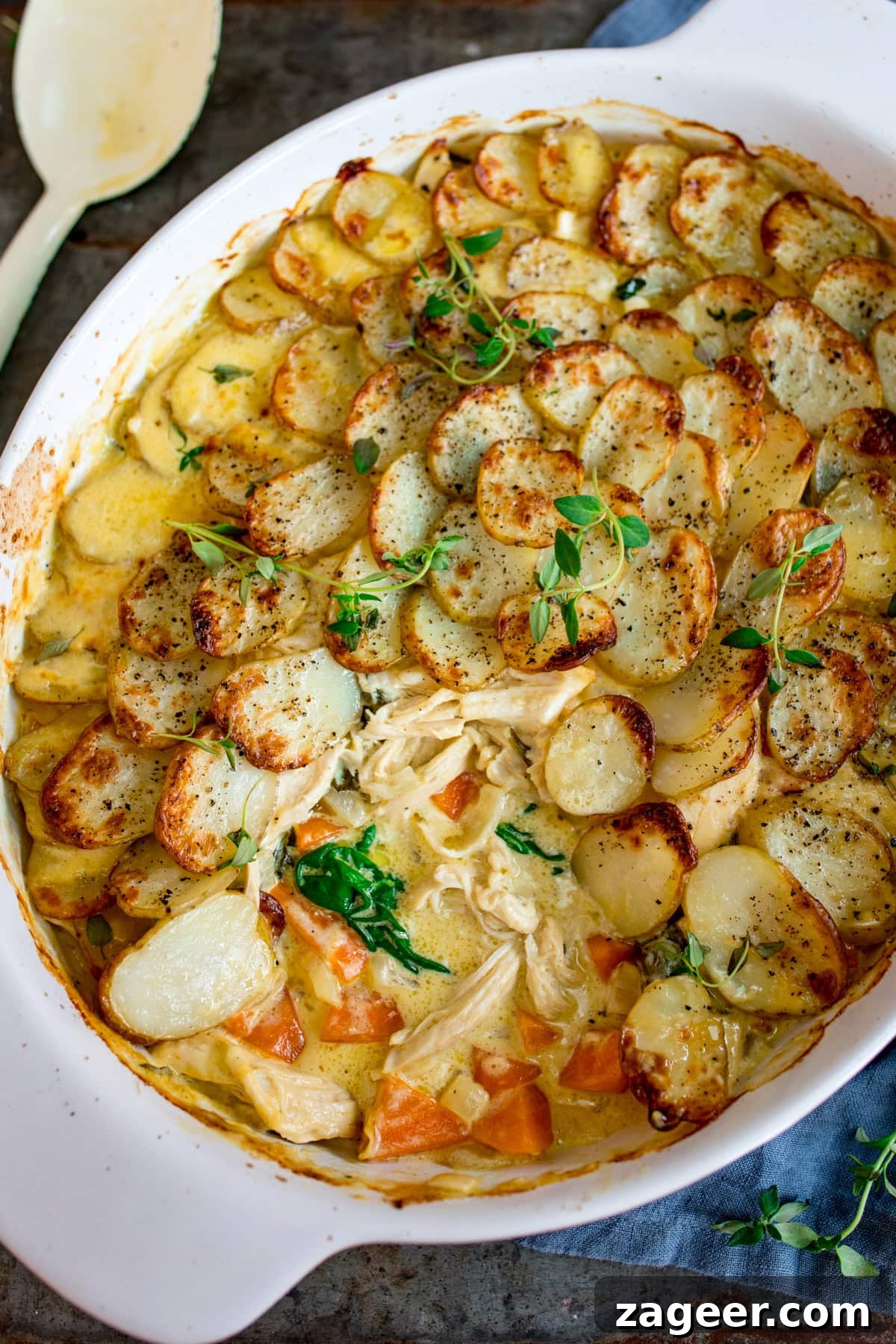 Creamy Baked Chicken with Potatoes and Herbed Sauce 2 Creamy chicken casserole topped with sliced scalloped potatoes, with shredded chicken, spinach, and diced carrots, garnished with fresh herbs in a white oval dish.
