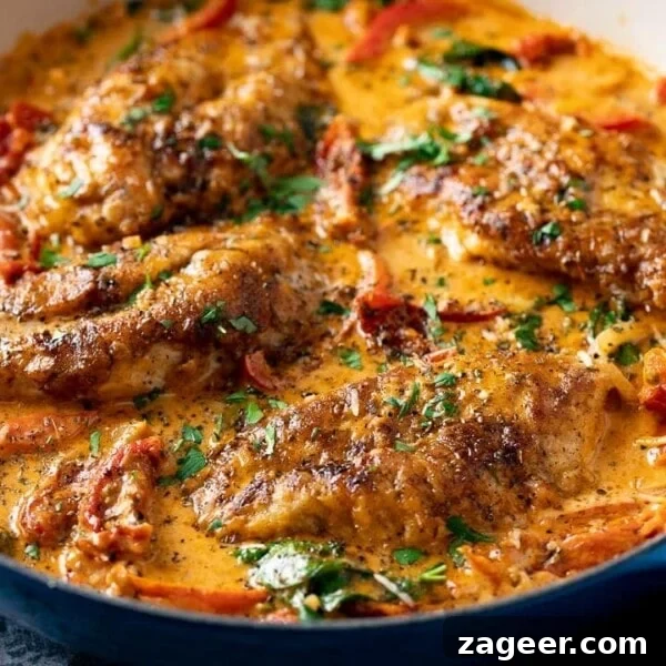 Creamy Baked Chicken with Potatoes and Herbed Sauce 10 Creamy Tuscan Chicken in a dark pan.