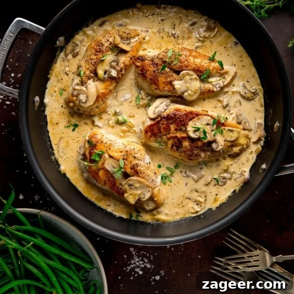 Creamy Baked Chicken with Potatoes and Herbed Sauce 11 Chicken in creamy white wine garlic sauce next to green beans.