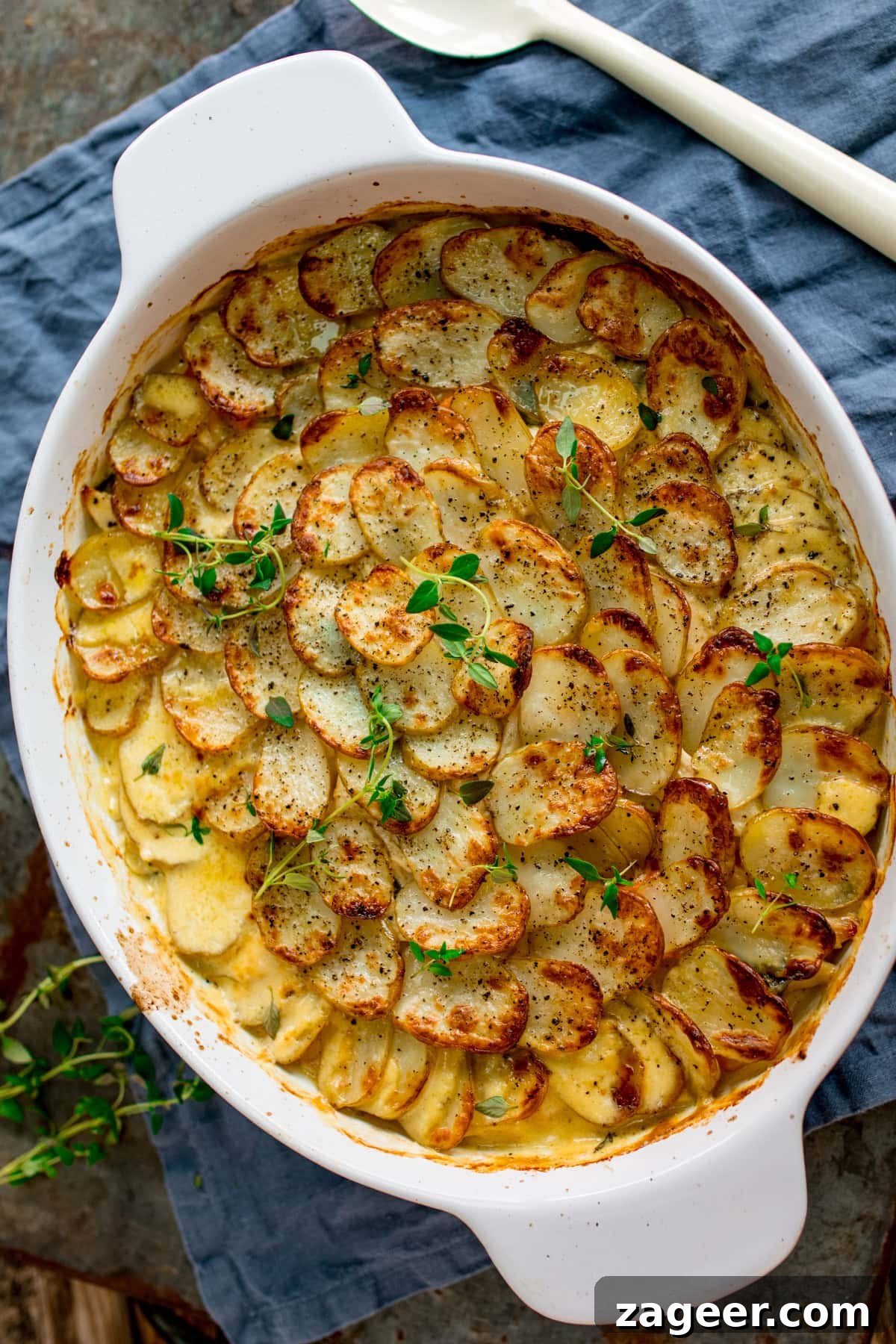 Creamy Baked Chicken with Potatoes and Herbed Sauce 4 Chicken and Potato Bake served in a white oval dish, topped with sliced, browned potatoes and garnished with fresh herbs. The dish sits on a blue napkin next to a white serving spoon.