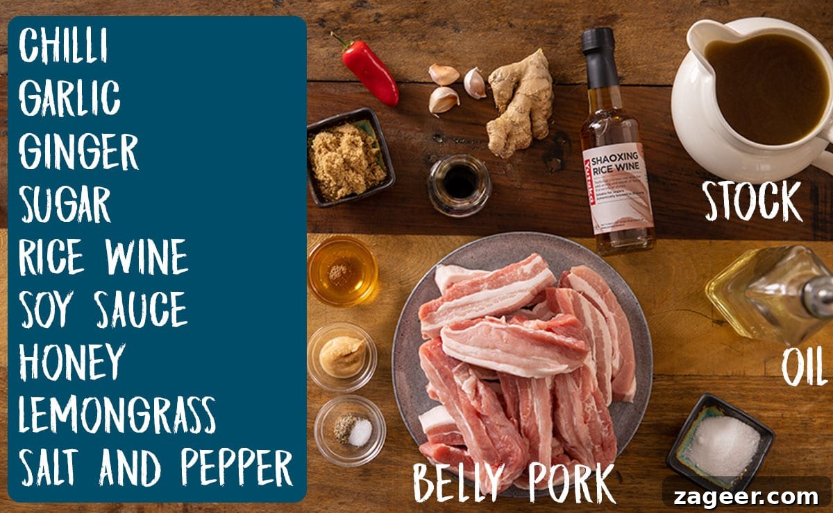 Sticky Glazed Pork Burger with Quick Pickled Veggies 3 Ingredients for sticky pork belly for my sticky pork belly burger recipe, on a wooden board