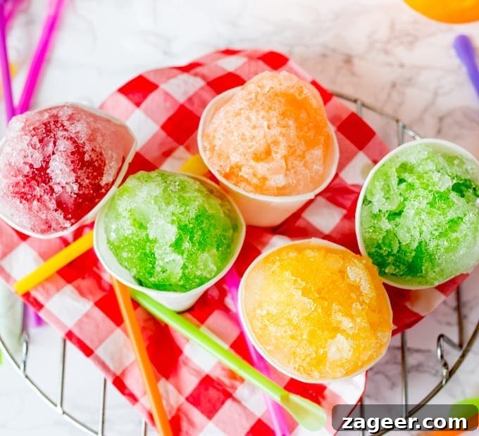 5 fruit flavoured snow cones on a chequered napkin