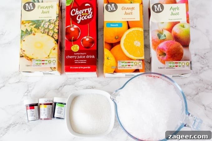 Ingredients for fruit snow cones. These are 4 different fruit juice cartons, ice, sugar, food colouring gel