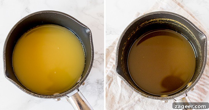 pan of orange juice on left. Pan of orange juice on right that has been reduced by two thirds.