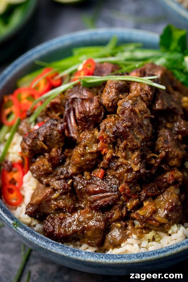Beef rendang in a blue bowl with rice and chillies