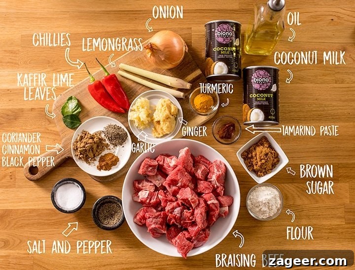 Ingredients for beef rendang on a wooden table
