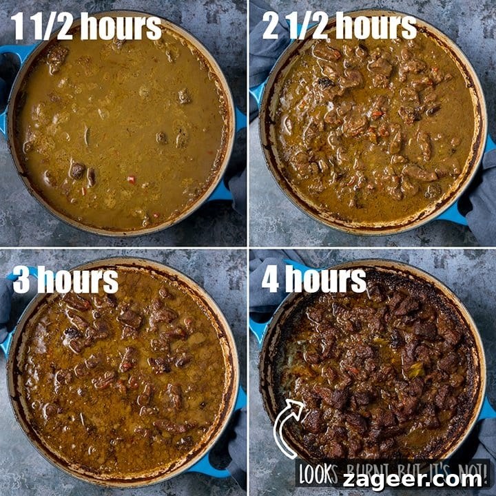 4 image collage showing different stages of liquid reducing during cooking of beef rendang