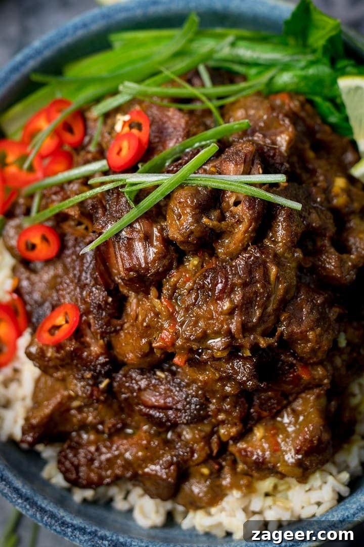 Close up of Beef rendang on a bowl of rice