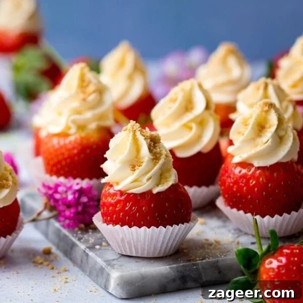 Mini No-Bake Berry Cheesecakes: Individual Dessert Cups 13 Cheesecake stuffed strawberries on a marble chopping board