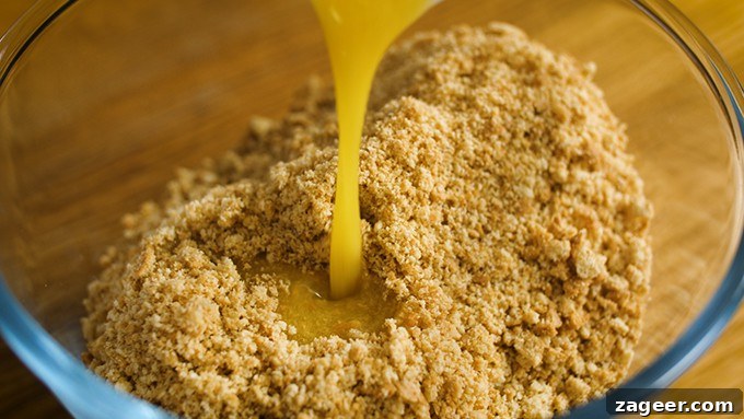 Mini No-Bake Berry Cheesecakes: Individual Dessert Cups 5 Melted butter being poured into a bowl of crushed biscuits.
