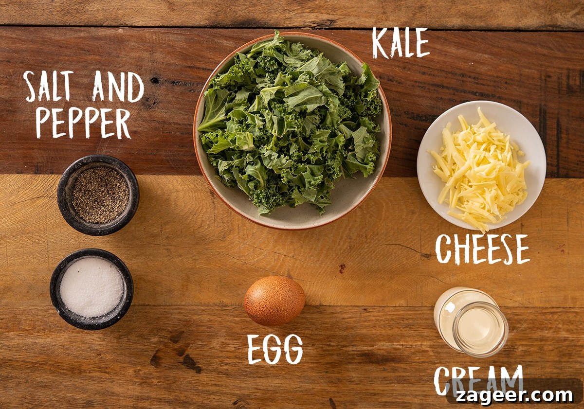 Creamy Scrambled Eggs with Sautéed Kale Breakfast Bowl 4 Ingredients to make creamy eggs and kale on a wooden board.