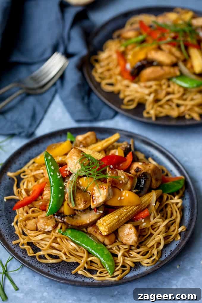 Honey-Soy Chicken Stir-Fry with Spicy Asian Noodles 2 Plate of honey and soy chicken stir fry with noodles, further plate in background