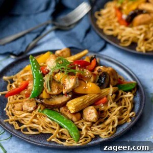 Plate of honey and soy chicken stir fry with noodles