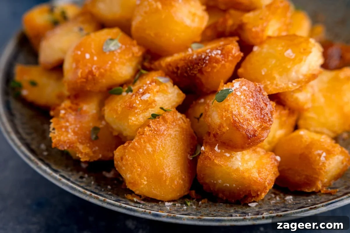 A wide image of a blue plate with golden, crispy roast potatoes garnished with sea salt flakes and fresh thyme.