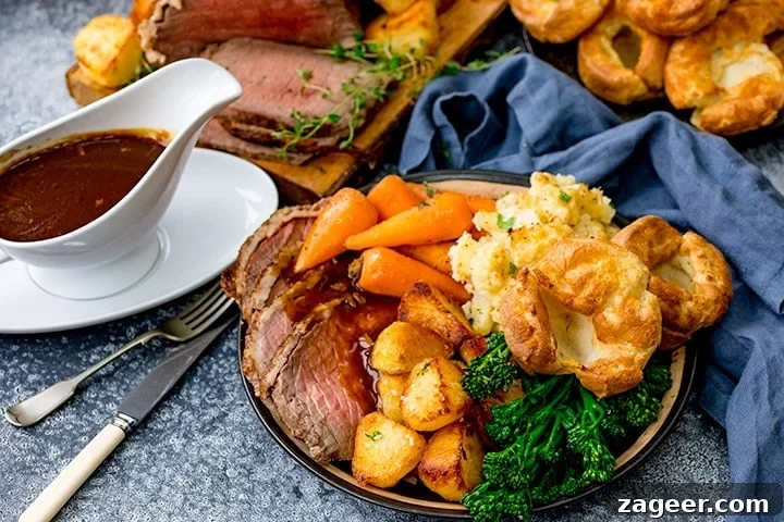 Roast beef dinner with jug of gravy