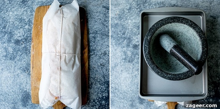 French Press Sandwich Bites: Crispy Mini Grilled Sandwiches 5 A french pressed sandwich wrapped in baking parchment and string. Further image with a weight on top to press the sandwich.