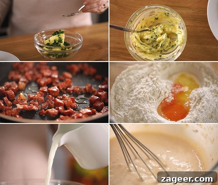 Savory Dinner Pancakes with Spicy Chilli Butter 5 6 image collage for prep steps of making savoury dinner pancakes