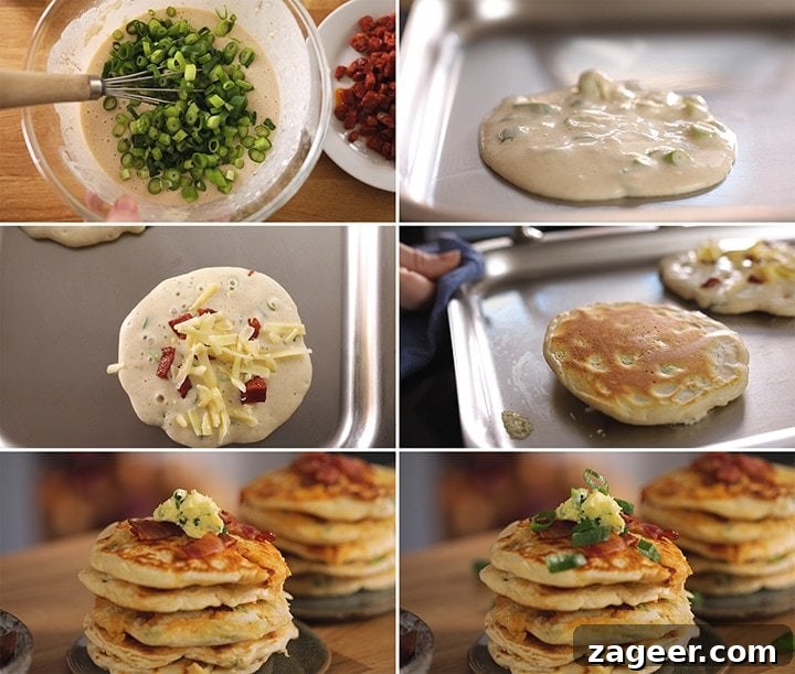 Savory Dinner Pancakes with Spicy Chilli Butter 6 6 image collage showing how to make savoury dinner pancakes