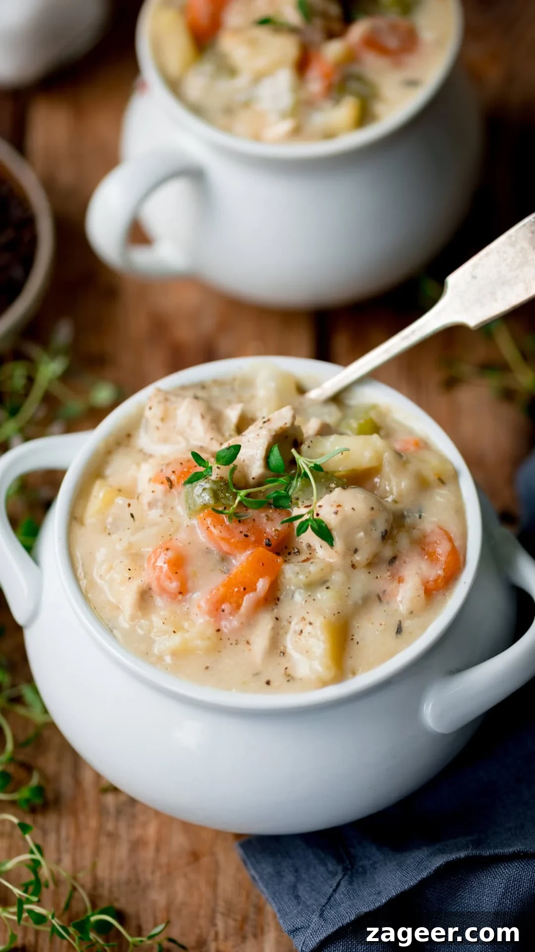 Creamy Chicken Pot Pie Soup Recipe — Comfort in a Bowl 5 A white bowl filled with creamy chicken pot pie soup, topped with fresh herbs, with a spoon placed inside. Another bowl is blurred in the background.