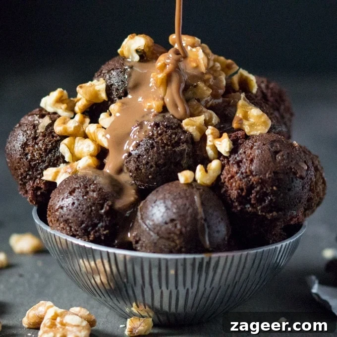 Cake bites with coffee walnut fudge sauce. Easy and addictive!