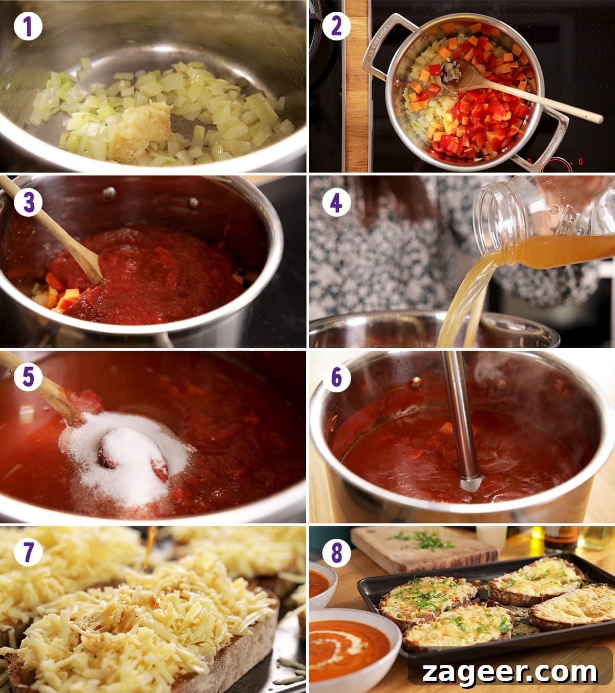 Homemade Creamy Tomato Soup Recipe from Scratch 4 8 step collage showing how to make tomato soup with basil-topped cheese on toast