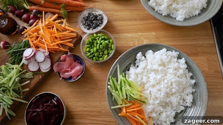Salmon Sushi Bowl Recipe: Homemade Poke-Style Salmon Bowl 5 Overhead image of assembling a sushi salmon bowl