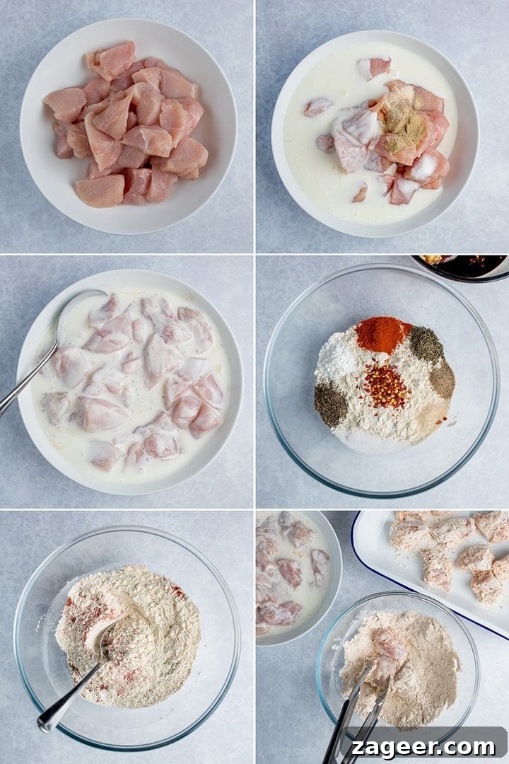 Six image collage showing how to make crispy buttermilk chicken