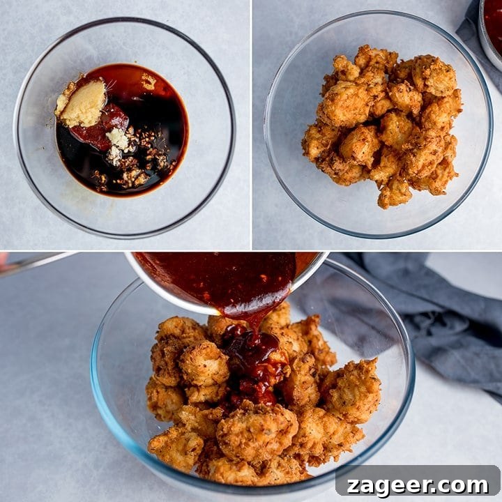 Collage of 3 images showing crispy chicken and sticky Korean sauce