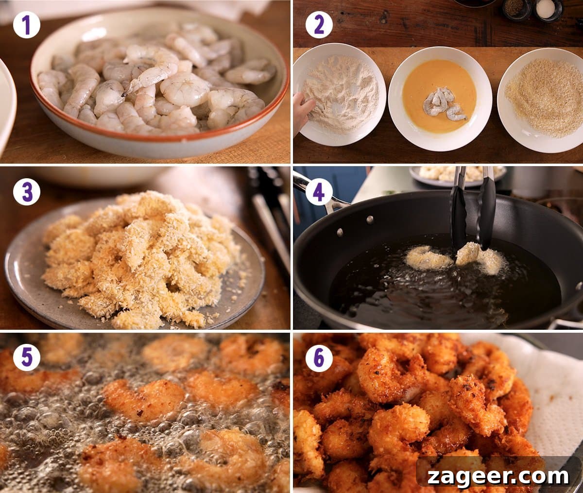 Crispy Coconut Shrimp Recipe with Mango Dipping Sauce 4 6 image collage showing how to make coconut shrimp