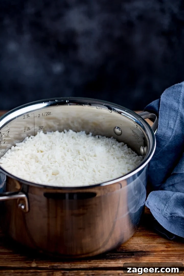 Perfectly Cooked Rice: Step-by-Step Guide for Fluffy Grains 5 Boiled rice in a pan on a dark background