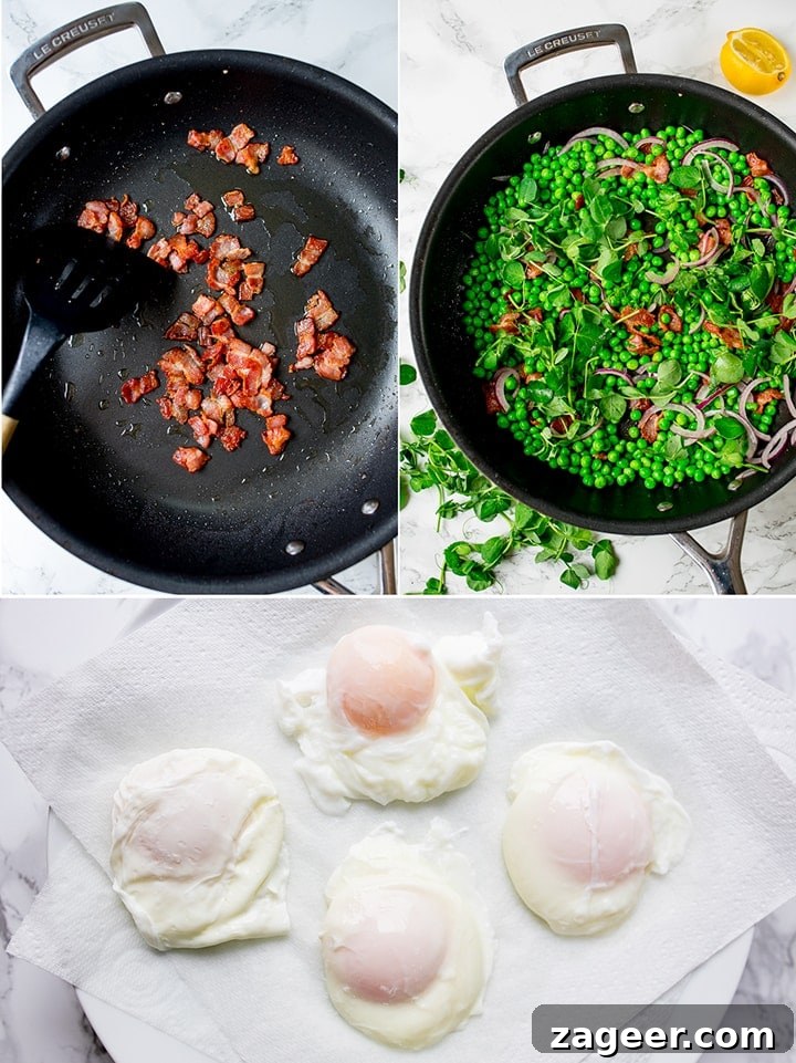 3 photo collage of making bacon and pea salad and poached eggs