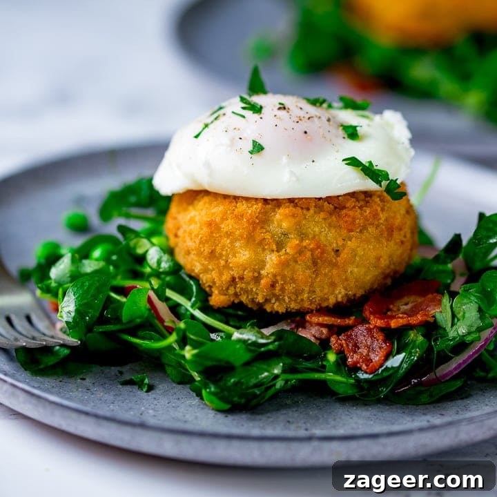 pea and bacon salad topped with a fish cake and poached egg