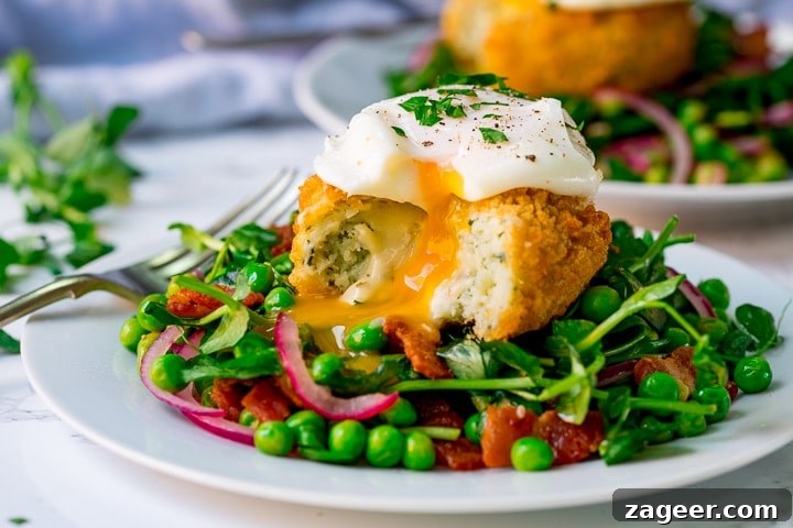 Wide image of pea and bacon salad topped with a fish cake and poached egg - which have been cut into