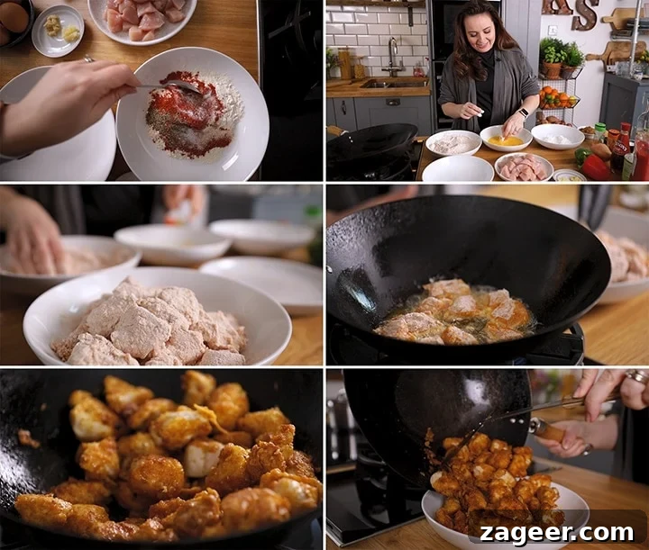 Authentic Sweet and Sour Chicken Recipe for Sticky, Tangy Sauce 3 Collage showing steps for making crispy chicken for sweet and sour chicken