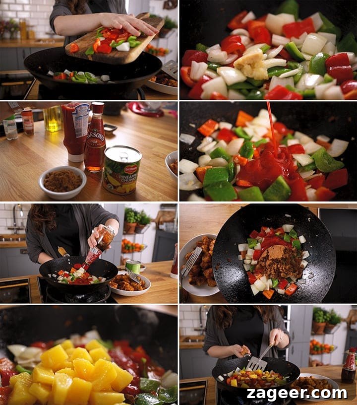 Authentic Sweet and Sour Chicken Recipe for Sticky, Tangy Sauce 5 Collage of steps for making sweet and sour chicken