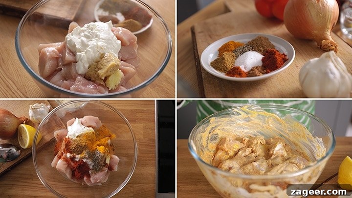 Authentic Chicken Tikka Masala Recipe for Tender, Creamy Curry 4 4 image collage showing how to marinade chicken for chicken tikka masala