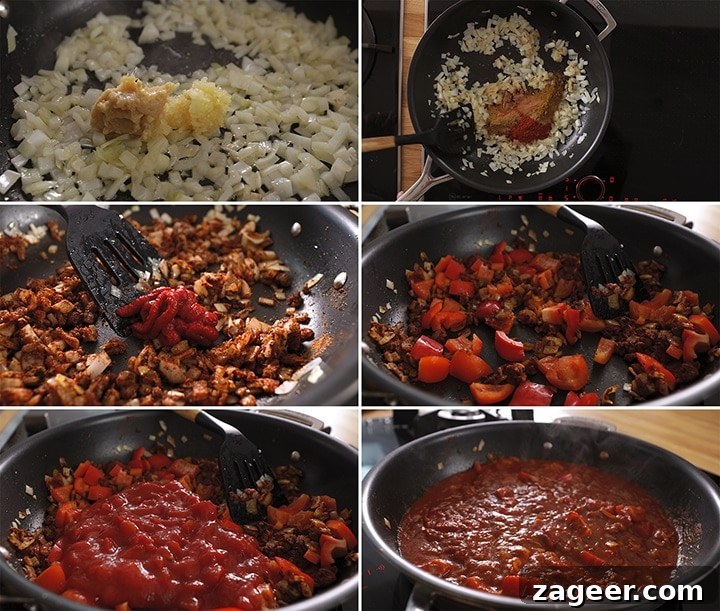Authentic Chicken Tikka Masala Recipe for Tender, Creamy Curry 5 6 image collage showing initial steps of making masala sauce for chicken tikka masala