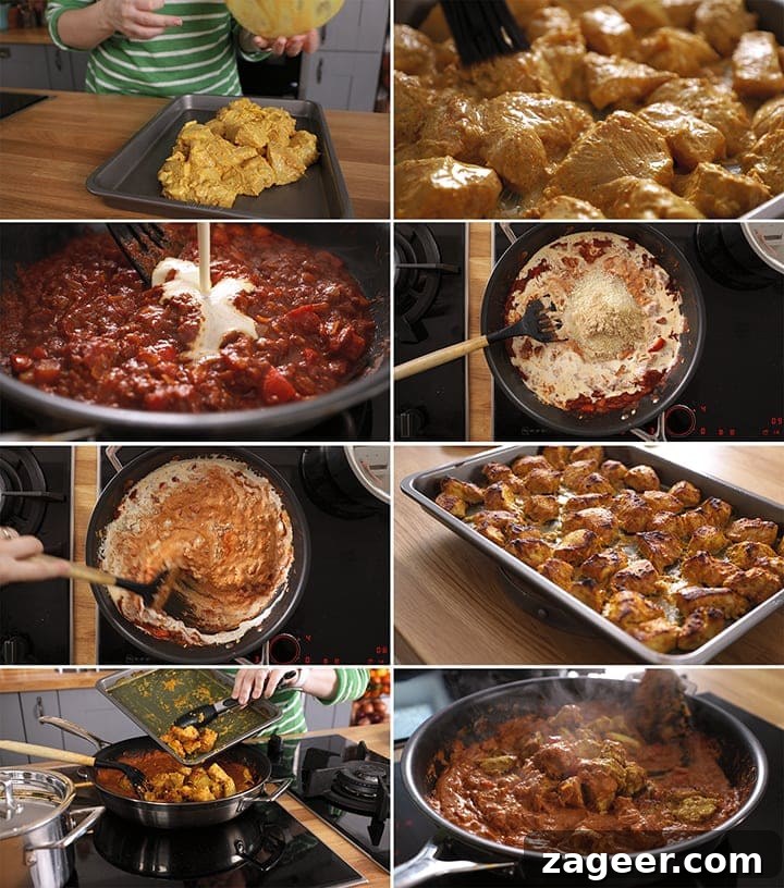 Authentic Chicken Tikka Masala Recipe for Tender, Creamy Curry 6 8 image collage showing how to make chicken tikka masala