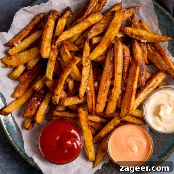 Crispy Pizza Fries Recipe: Loaded Seasoned Potato Bites 11 Chips on a plate on top of baking parchment. 3 dipping bowls of sauce on the plate.