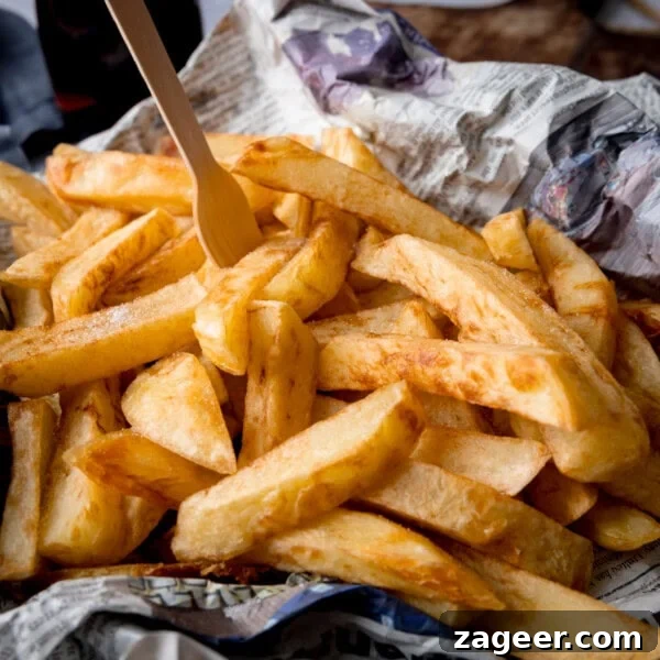 Crispy Pizza Fries Recipe: Loaded Seasoned Potato Bites 13 Chip Shop-Style Chips on crumpled newspaper with a small wooden fork.