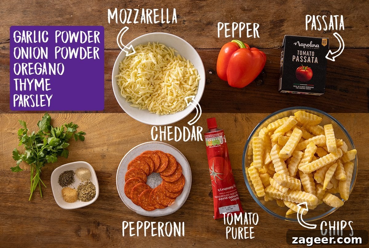 Crispy Pizza Fries Recipe: Loaded Seasoned Potato Bites 4 Ingredients for pizza fries on a wooden table