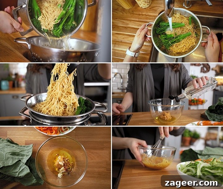 Winter Vegetable Noodle Salad with Citrus-Ginger Dressing 3 6 image collage showing prep to make noodle salad with miso dressing