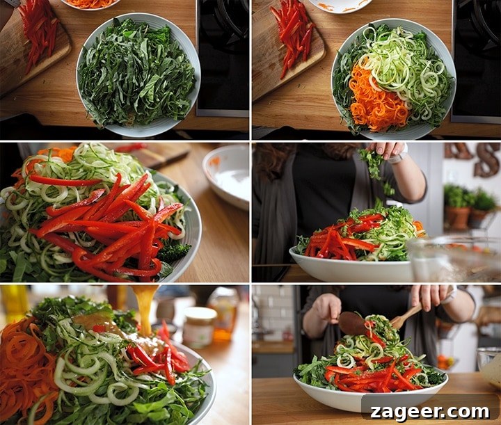 Winter Vegetable Noodle Salad with Citrus-Ginger Dressing 4 6 image collage showing assembly steps of winter noodle salad