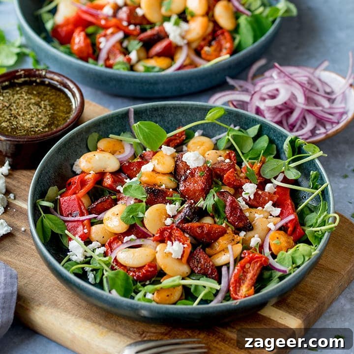 Winter Vegetable Noodle Salad with Citrus-Ginger Dressing 6 Chorizo and Lima Bean Salad in a bowl on a wooden board